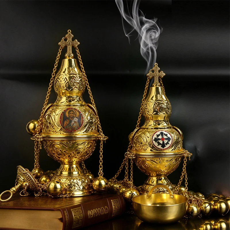 Hieratic Byzantine Orthodox Hanging Censer Thurible in Zinc Alloy and Gold Plated Finish with Icon Medallion Church Gift Ideas