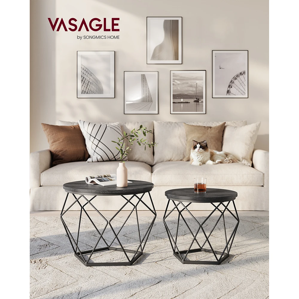 VASAGLE Round Coffee Table, Set of 2, Side Table, Sofa End, Modern Style, Removable Top, Steel Frame, for Living Room