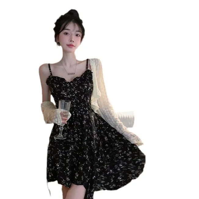 2024년 여름 플로럴 프린트 비대칭 스트랩 여성용 트렌디 스파이시 걸 캐주얼 스포츠웨어 세트 학생용