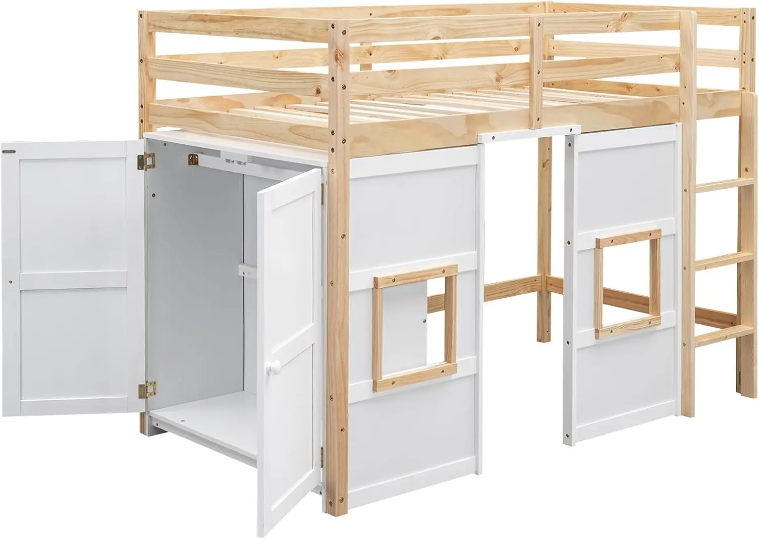 Twin Size Loft Bed with Wardrobe, Wood Playhouse Loft Bed Frame with Storage for Kids, High Loft Bed with Ladder and Guardrails