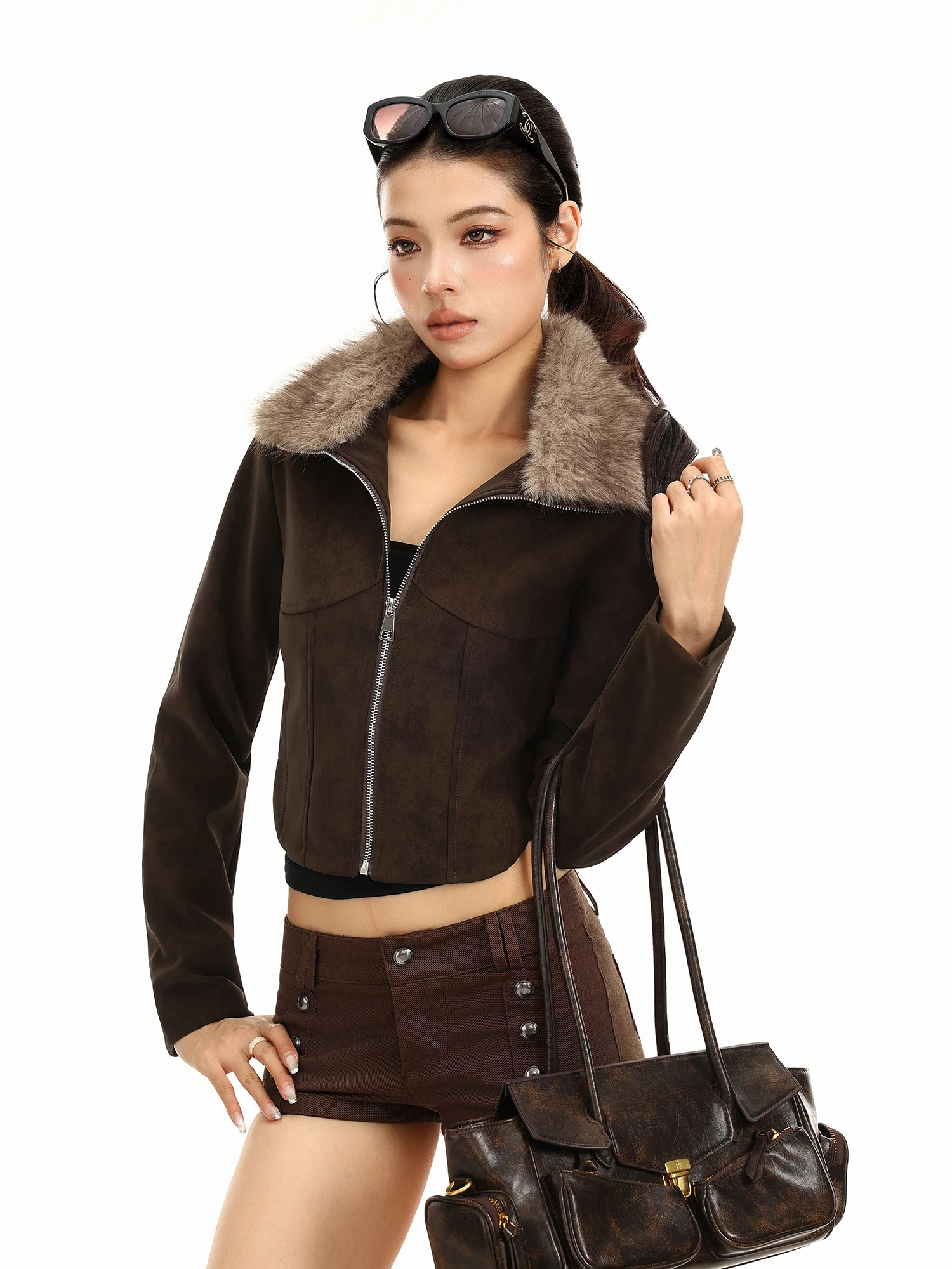 Removable Fur Collar Suede Short Jacket Women's Retro PU Leather Slim Fit Biker Jacket Top Breathable Zipper Decorated Ladies...
