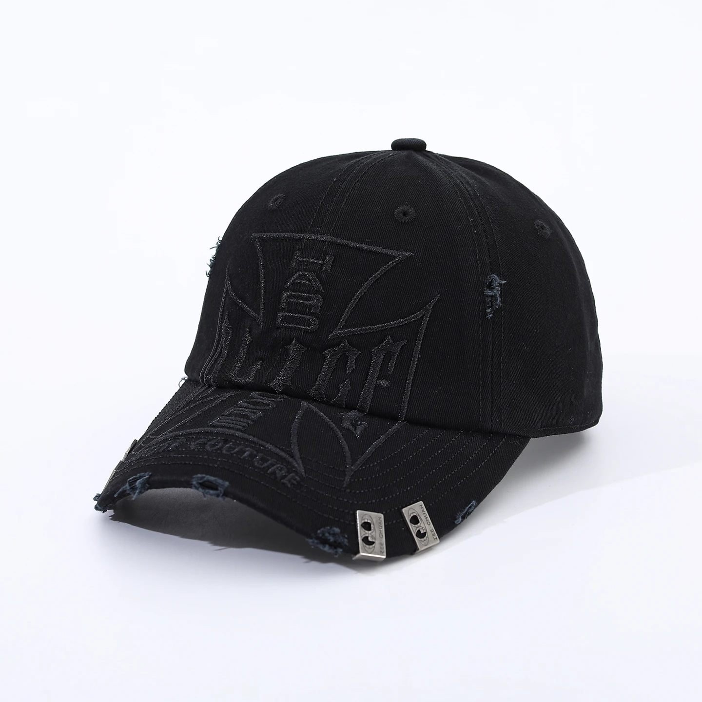 Amerikanische Retro-Baseballkappe im Distressed-Look mit Löchern und Nieten, dunkler Stil, Buchstaben-Design, weiche Oberseite, Street-Casual-Mütze