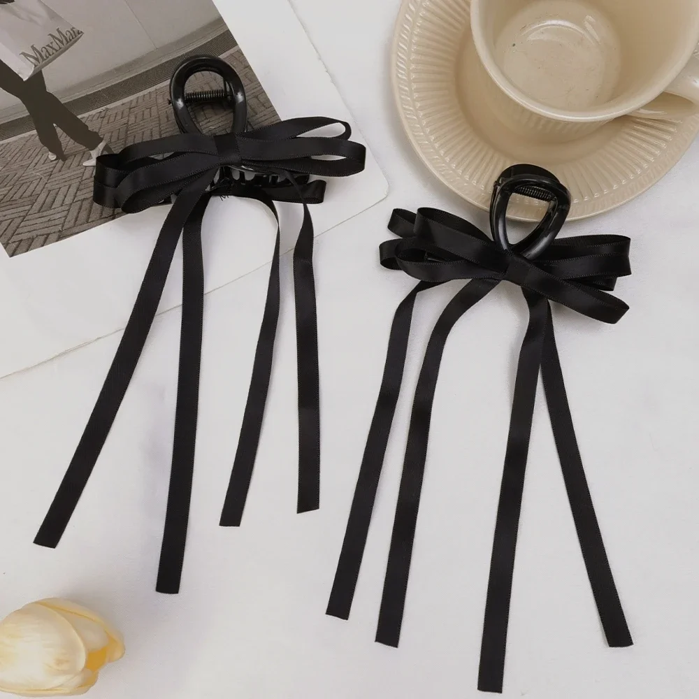 2024 Korean Black Bow Long Ribbon Hair Claw Headdress Sweet Ballet Princess Y2K Girls Hair Claws Hairpin Women Hair Accessories