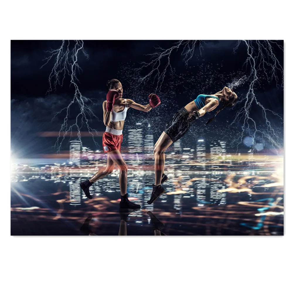 Neon Boxing Canvas Painting, Glow Fighter Muay Thai Poster, Modern Sport Wall Art Gym Decor Bedroom Living Room Man Cave Home