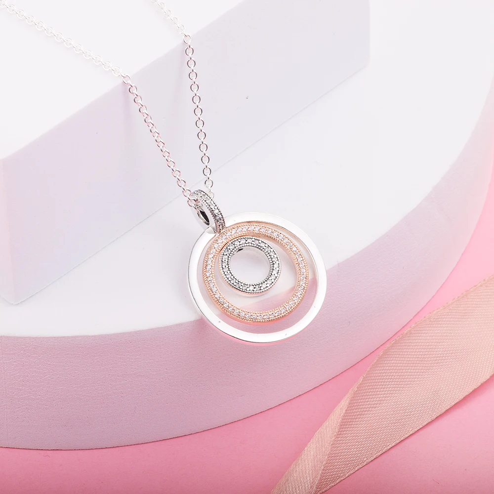 

925 Sterling Silver Two-tone Circles Pendant Necklace For Woman Fashion Style Jewelry