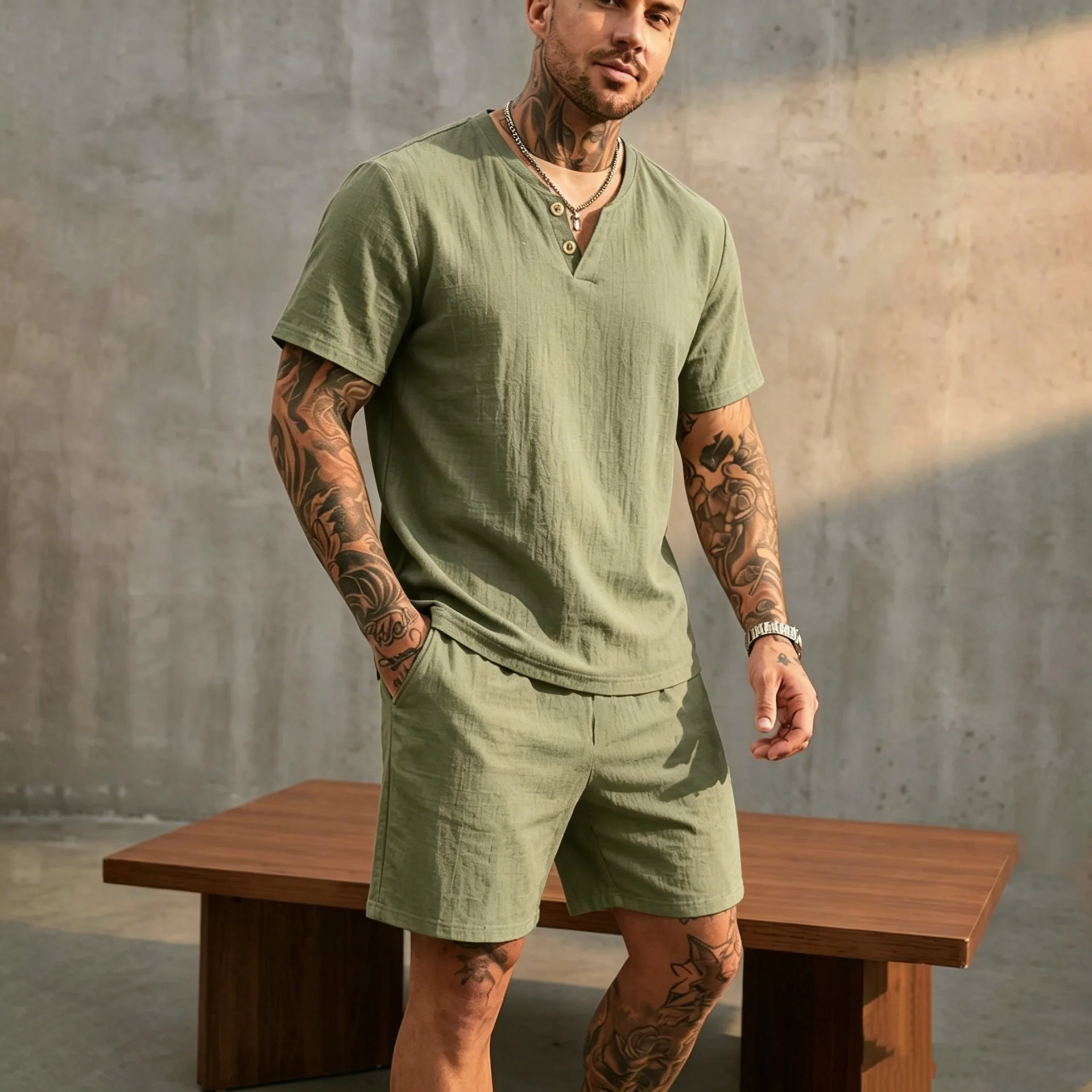 2026 Sommer Europäisch-Amerikanisches Herren-Leinen-Henley-Polo-Zweiteiler-Set: Lockeres Kurzarm-T-Shirt mit passenden Shorts – Atmungsaktives Urlaubsoutfit – Detail 20