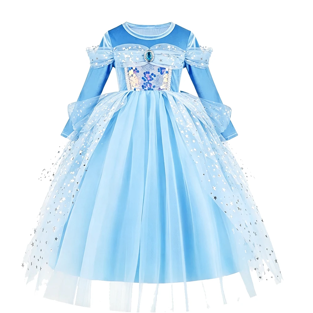 Girl Cinderella Blue Sequin Long Sleeve Princess Ball Gown With Crown Necklace Complete Accessories Set For Kids Birthday Gift