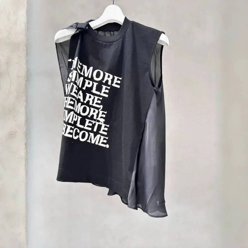 

SAC 25 Summer Letter Print Short Sleeve Splicing Silk Irregular Sleeve Vest
