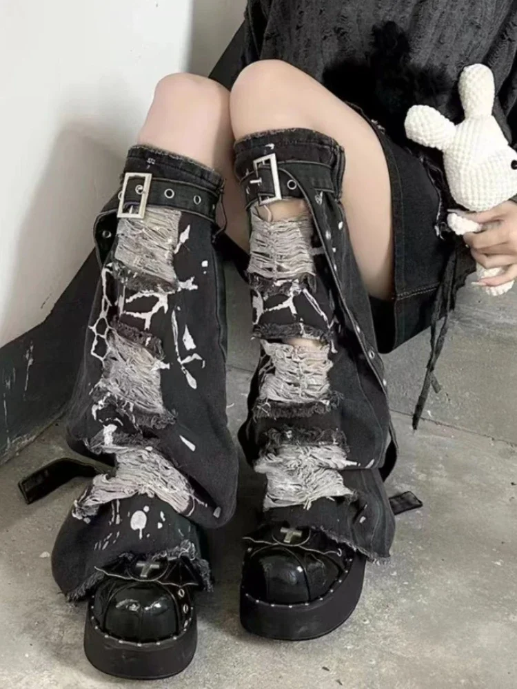Harajuku Ripped Jeans Buckle Belt Leg Warmers Y2K Grey Hole Breaking Denim Leg Covers Punk Rock Style Gothic Style Leg Boot Cuff