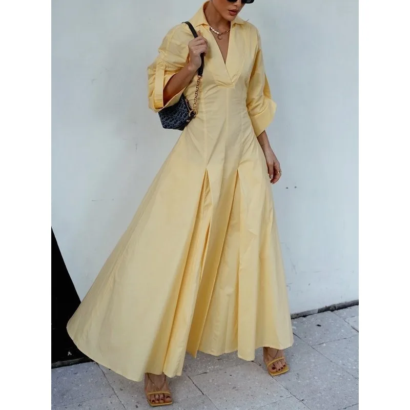 여성용 레드 100% 면 드레스 2025 A라인 플리츠 오피스웨어 브이넥 긴팔 기본 셔츠 드레스 여성 의류 179809