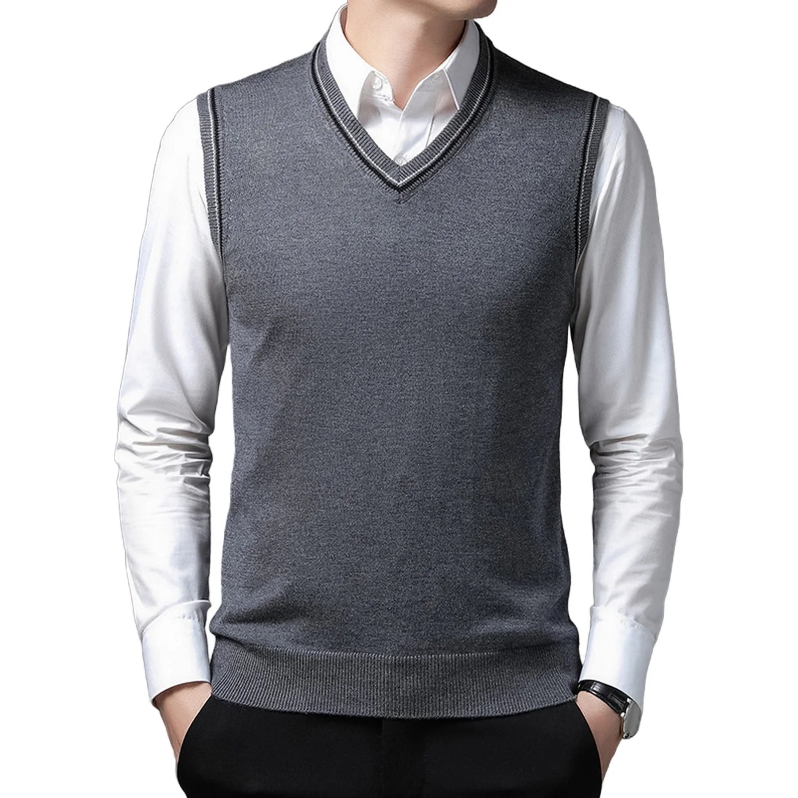 Sweater Vest Men Thicken V-neck Sleeveless Knitted Sweaters Vests Striped Retro Preppy-style Simple Chic Loose Casual All-match
