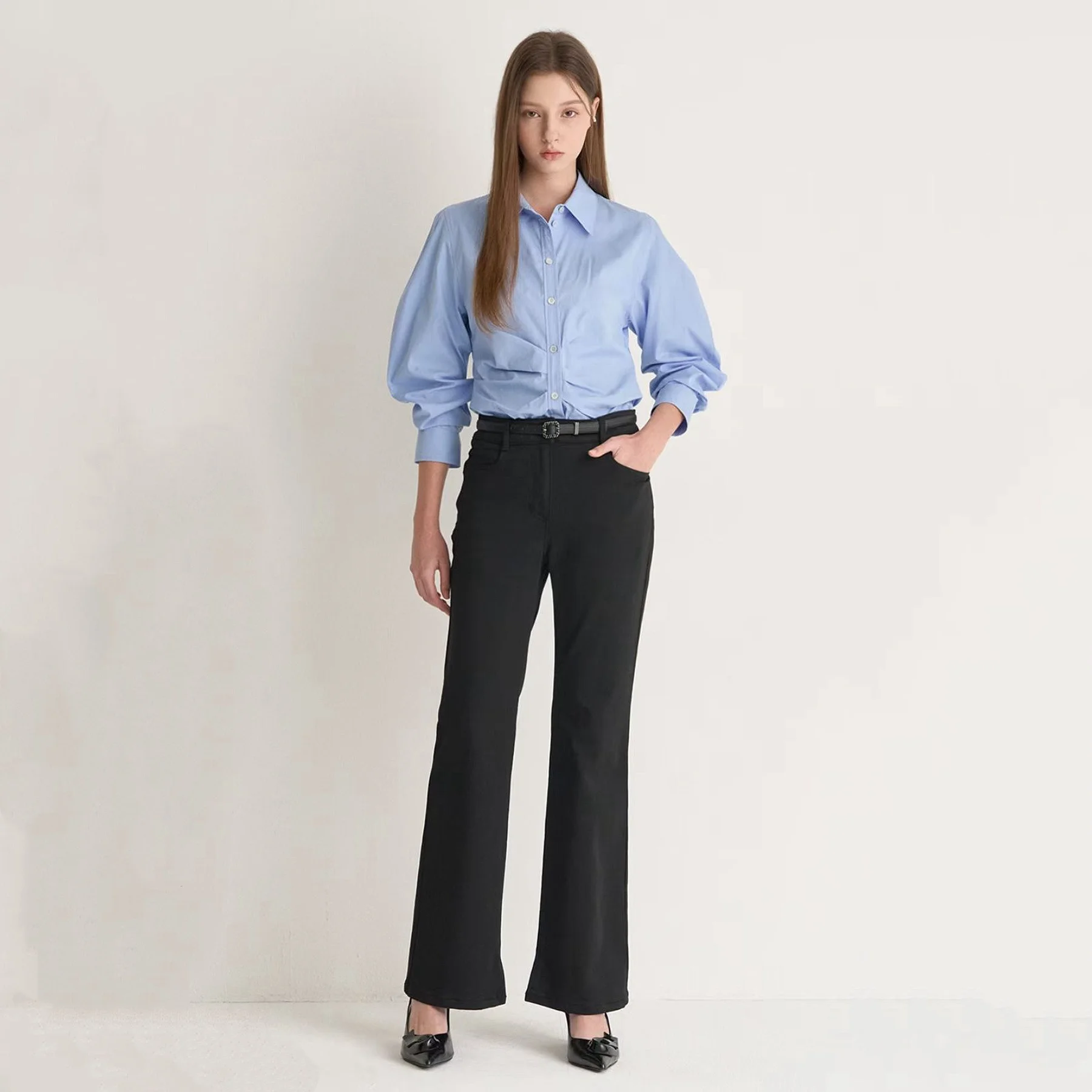 

Slim Fit Long Sve Cotton irt Women's Collar Button up Pleated Cheese Sle Commute Faion Autumn irt