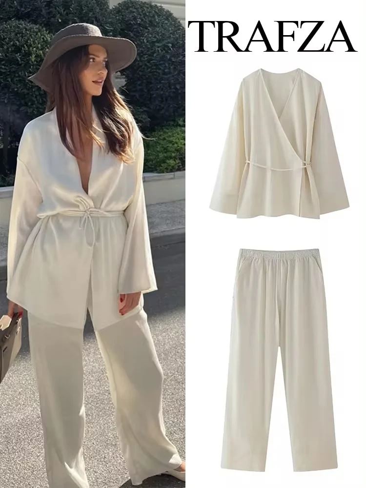 TRAFZA 2024 Women 2 Piece Set Kimono Style Casual V-Neck Laced Up Large Sleeve Loose Top+Chic Pocket Elastic Waist Long Pants