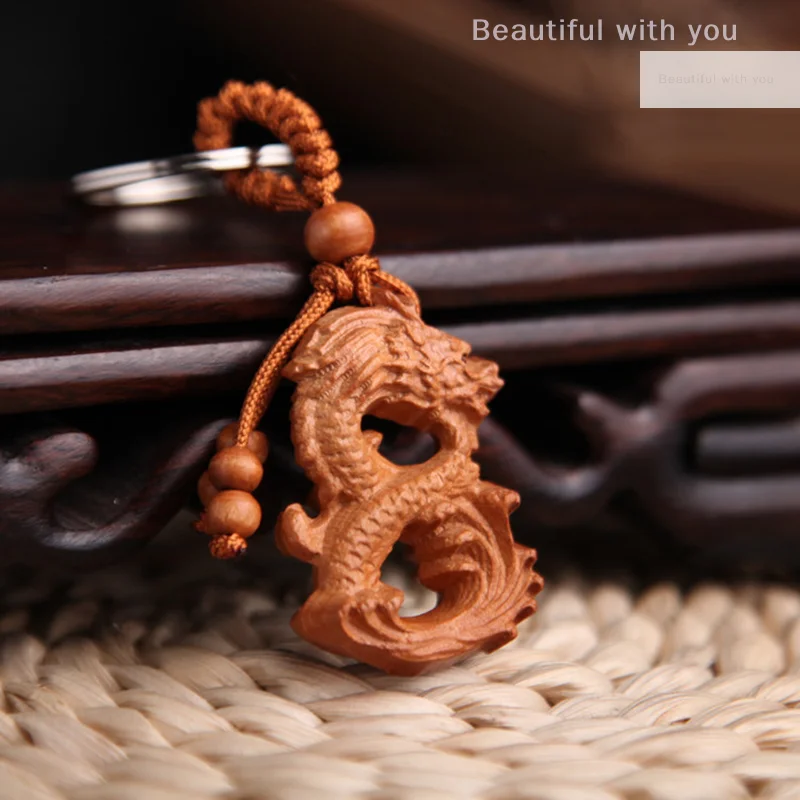 Chinese Style Keychain Peach Wood Zodiac Dragon Keychain Wood Carving Pendant Car Key Backpack Decoration Good Luck Amulet