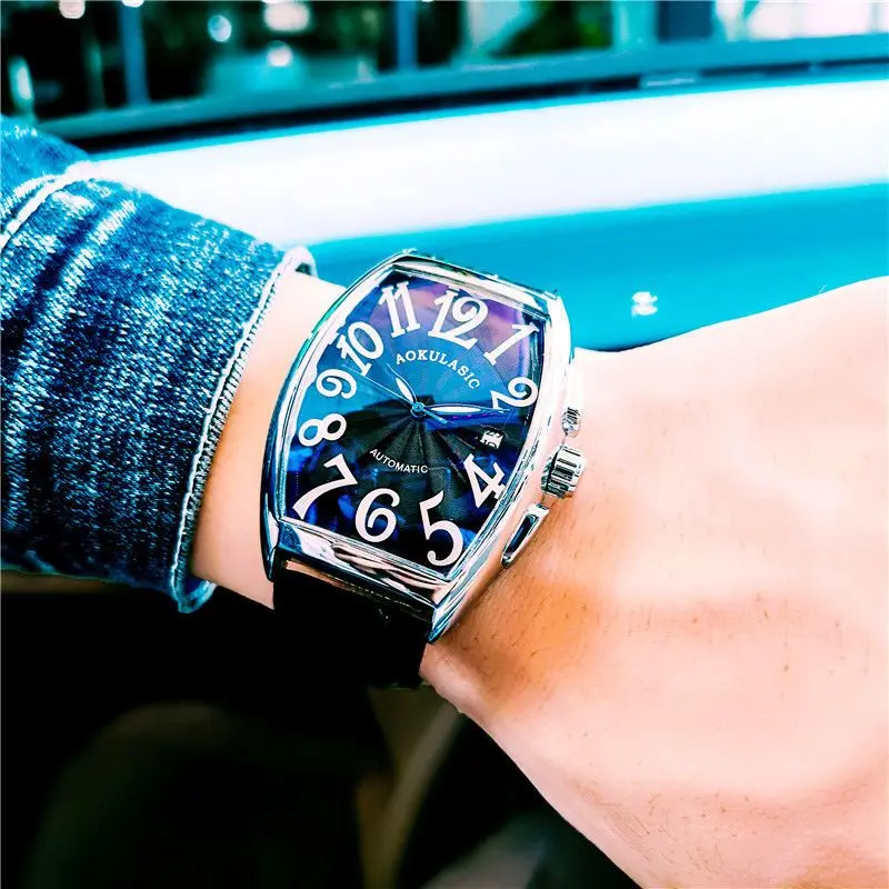 Luxury Men's Mechanical Watch, Barrel-Shaped Skeleton Leather Strap Men's Watch, Stylish Social Guy Wristwatch, High-Value Cool Best-Selling Watch for Men, Top Choice for Gifts, No Battery Needed