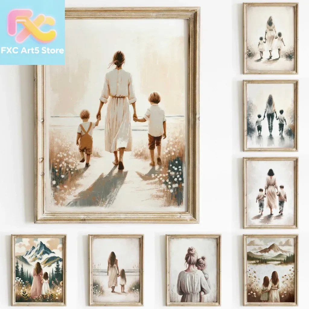 1pc frameless  Mom & Child Wall Art Print Mother Daughter Son Portrait Printable Family Artwork Canvas Painting Living Room Bedr