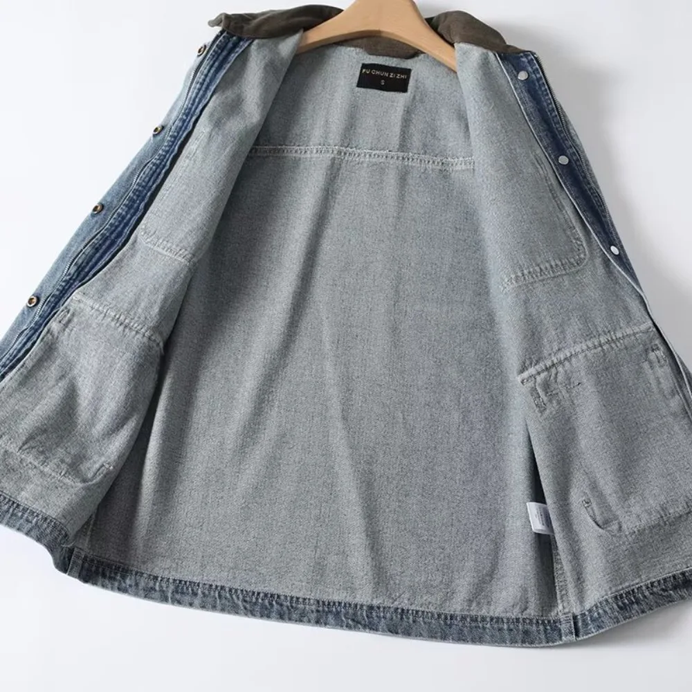 Vintage Cowgirls Contrast Laple Collar Zippered Jackets with Pockets on Chest New Autumn Workwear Style Denim Outwears for Women