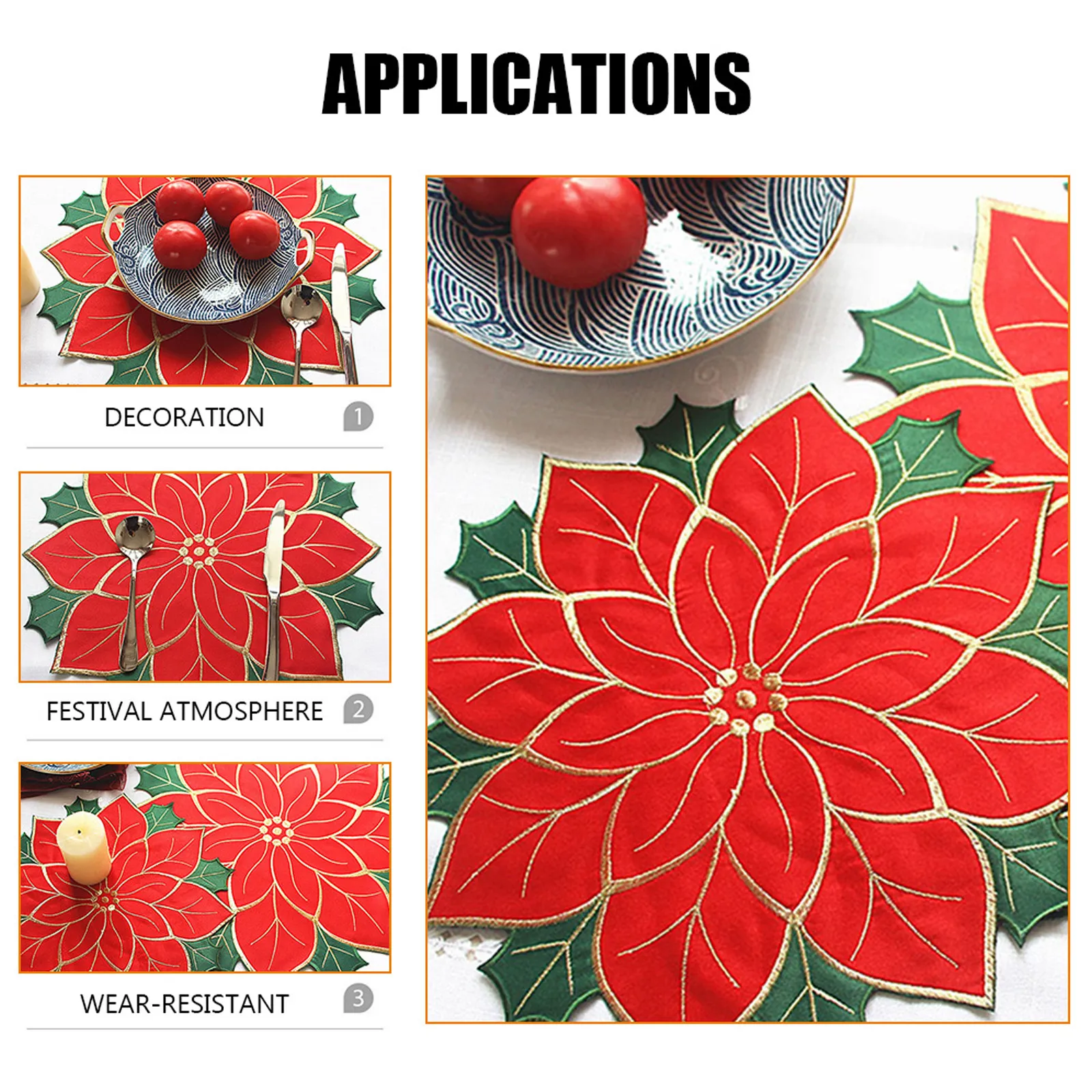 4Pcs Christmas Poinsettia Embroidered Placemats Heat Resistant Insulated Table Protection Reusable Decorative Dinner Party Table