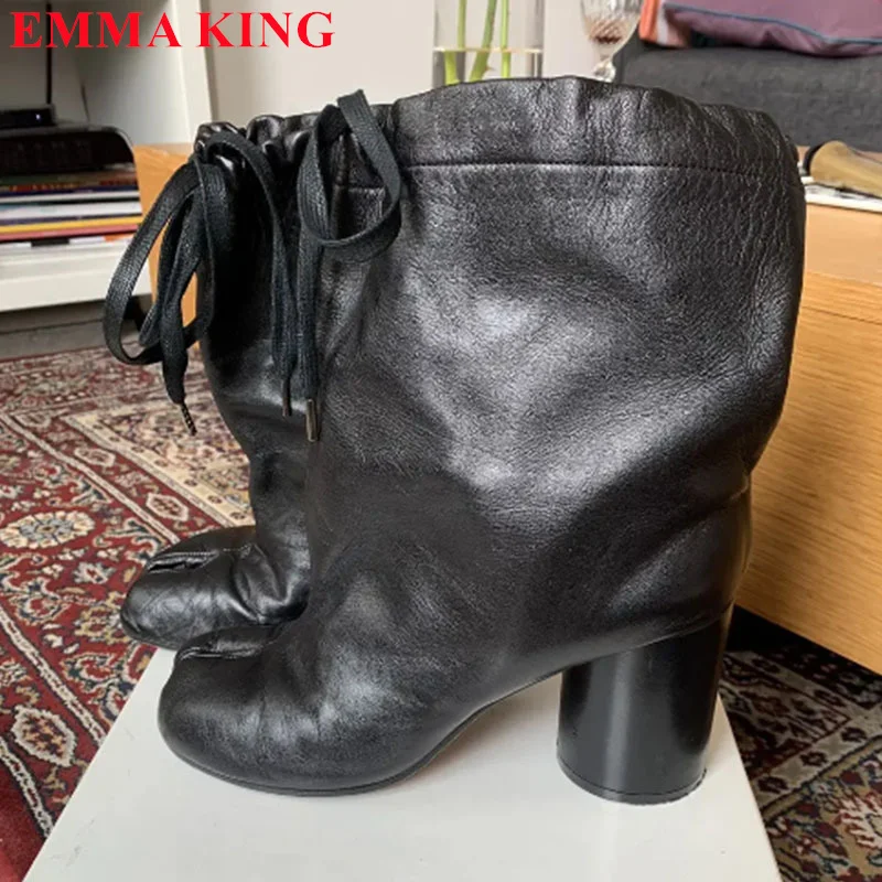 حذاء بوت بكعب عالٍ مستدير للنساء ، حذاء منقسم من الأمام ، شريط مطاطي ، موضة غير رسمية ، مقاس كبير 43 ، خريف ،