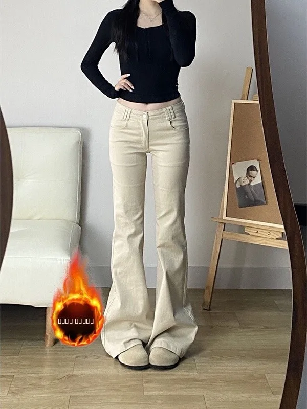 

Ретро-джинсы женские зимние, цвет хаки, расклешенные, на флисовой подкладке, с низкой посадкой, свободные, широкие штанины