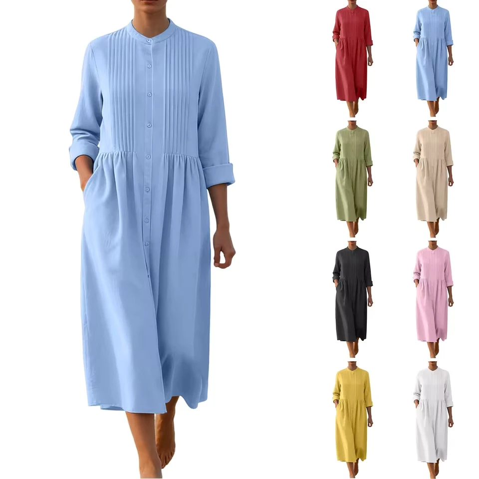 

Women Summer Casual Cotton Linen Long Dress With Buttoned Shirt Beach Vacation Dress Vestidos Para Mujer Straight Fit Dress