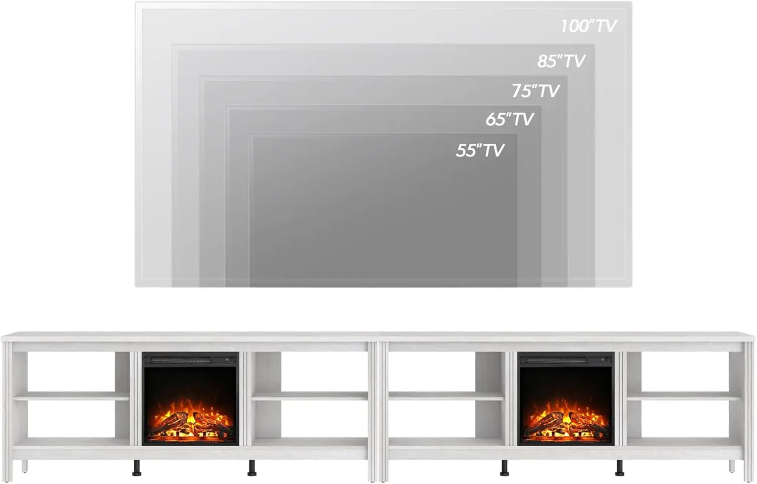 Suporte de tv com lareira elétrica para tv de 100 polegadas, mesa de console de tv branca para tv de 85 90 95 polegadas com inserção de lareira de 18 polegadas