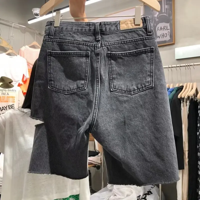 หลวมขากว้างเอวสูงห้าความยาว DENIM orts สําหรับผู้หญิงขนาด PLUS ฤดูร้อนสบายๆ Sle ฉีกขาดออกแบบกางเกงยีนส์ orts