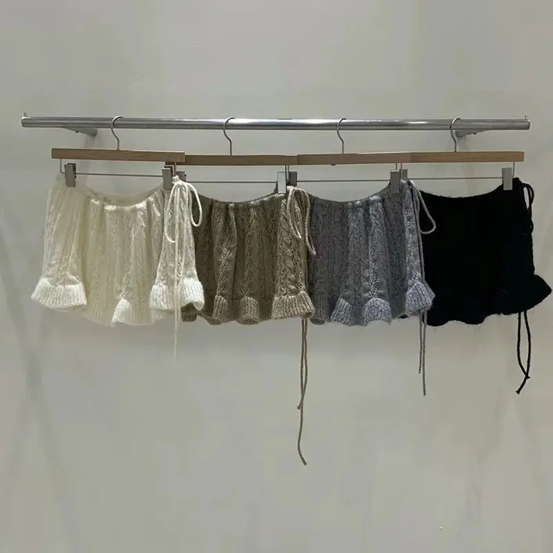 

Vintage Sweet Ruffles Knitted Skirt For Women Y2k High Waist Lace Up White Skirts 2025 New All-match Faldas Sexy Mujer