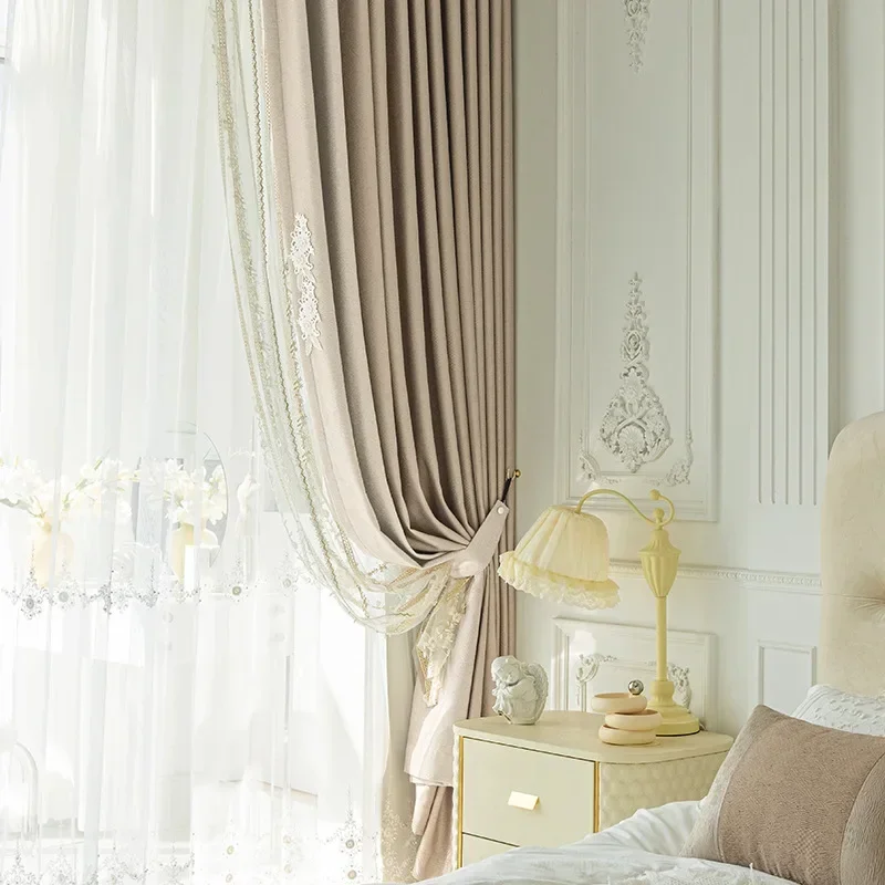 

Curtains for Living Dining Room Bedroom French Style Dense Chenille Color Blocking Bubble Crepe High Shading Curtain