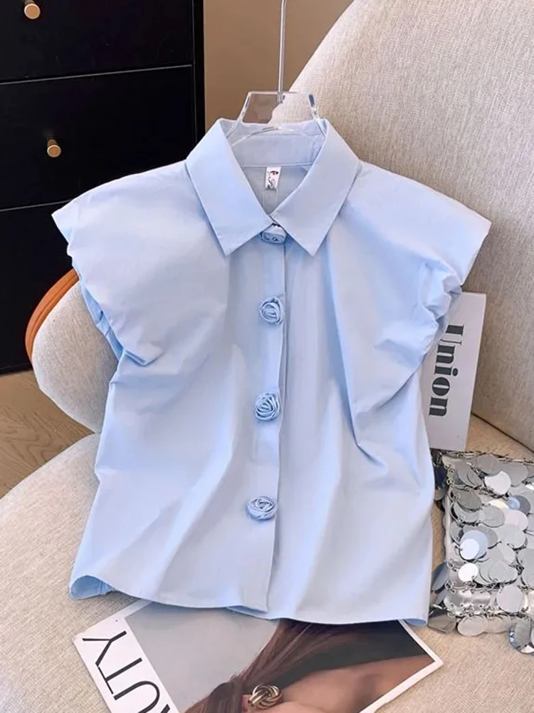 

3d Floral Sweet Shirt Women Cute Casual Flying Sleeve Summer Blouse Loose Vintage Preppy Style Lady Korean Kawaii Tops New