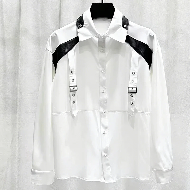 2026 Spring Summer Men Loose Casual Faux Leather Spliced Shirt, Premium Mesh Long Sleeve Button Streetwear Top