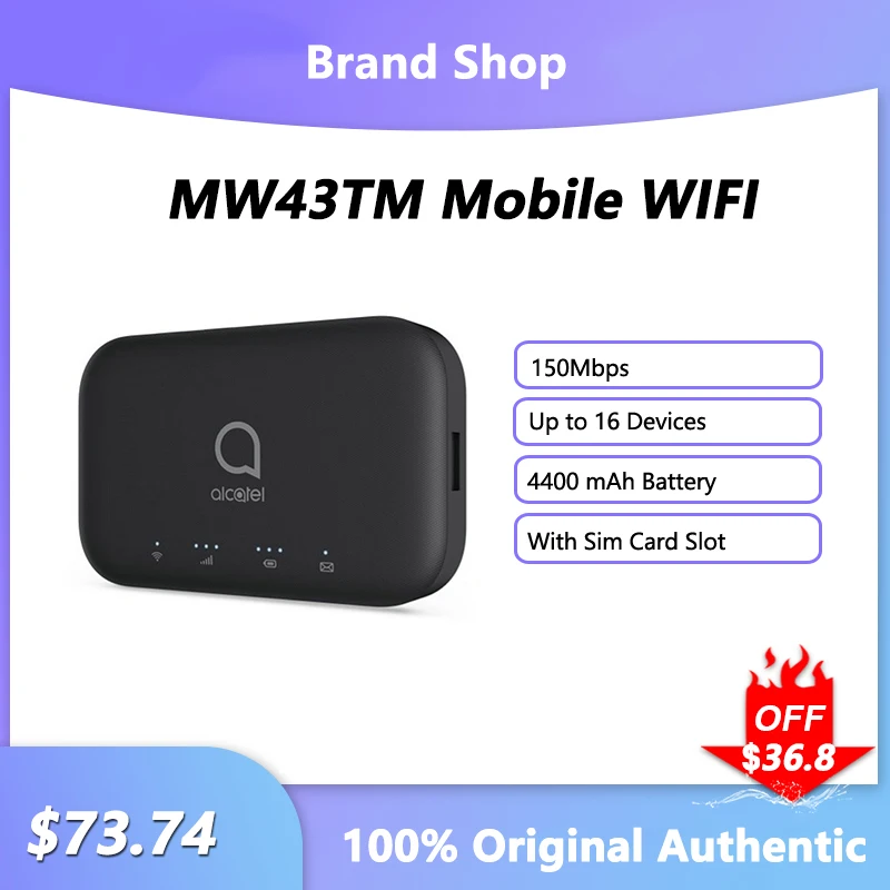 

Alcatel MW43TM Mobile WIFI Router 150Mbps 4G LTE Wireless Outdoor Hotspot With Sim Card Slot Portable Pocket MiFi Modem 4400mah