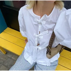 Blusa blanca con volantes para mujer, Blusa de manga corta abullonada con lazo atado, Tops fruncidos para mujer 2024