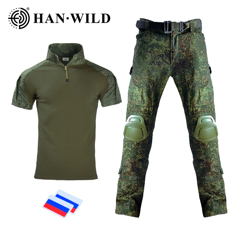 

HAN WILD Tactical T-Shirt Climbing Clothes Uniform Suit Camouflage T-Shirt Hunting Combat Shirt + Cargo Pants Knee Pads Hiking