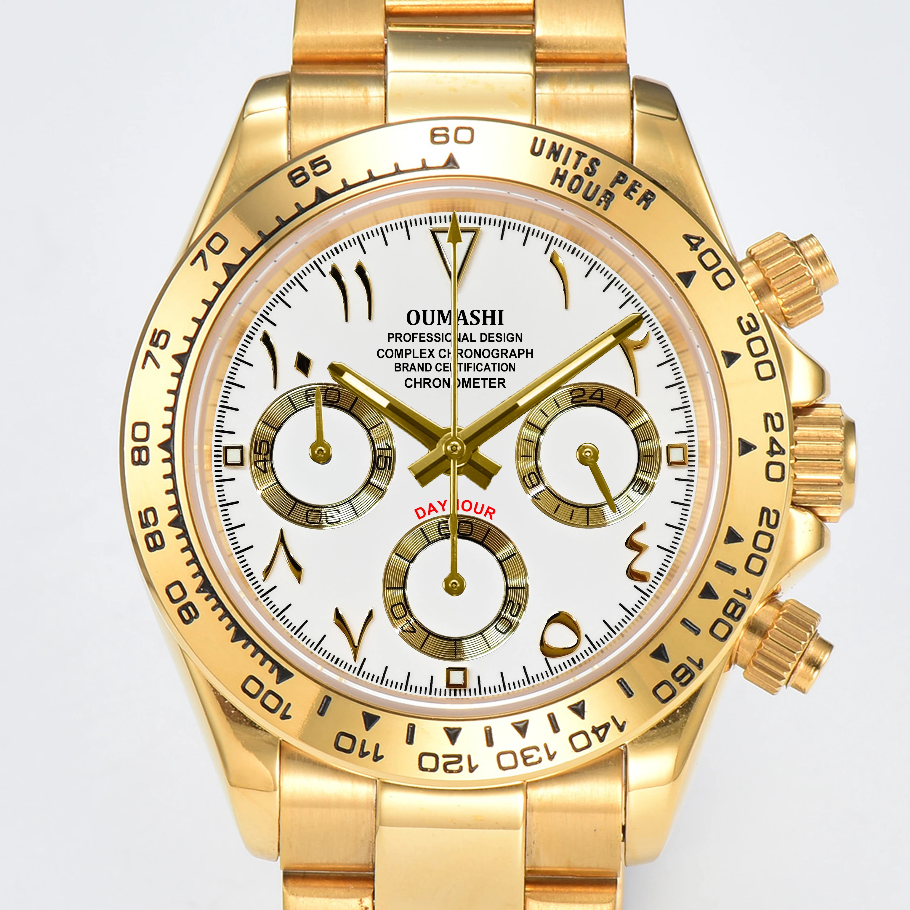 OUMASHI 42 mm goldene Herren-Chronographenuhr mit arabischen Ziffern, VK63, Quarzwerk, C3, leuchtendes, wasserdichtes Saphirglas 6