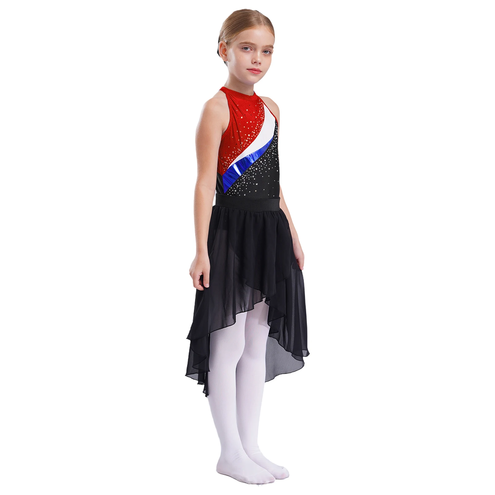 Body da ginnastica per ragazze con strass per bambini Body per pratica di danza classica con gonna Set di cravatte per capelli Pattinaggio di figura Unitard Dancewear