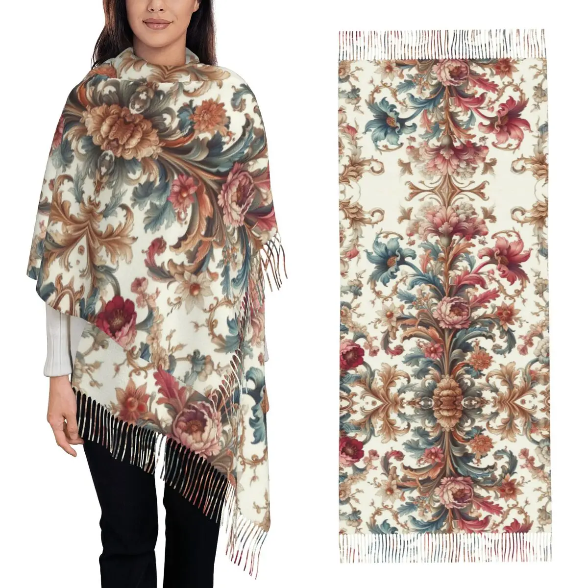 Rococo Style Luxury Floral Scarf Tassel Scarves for Women Soft Warm Shawls and Wraps Large Fall Winter Shawl Wrap