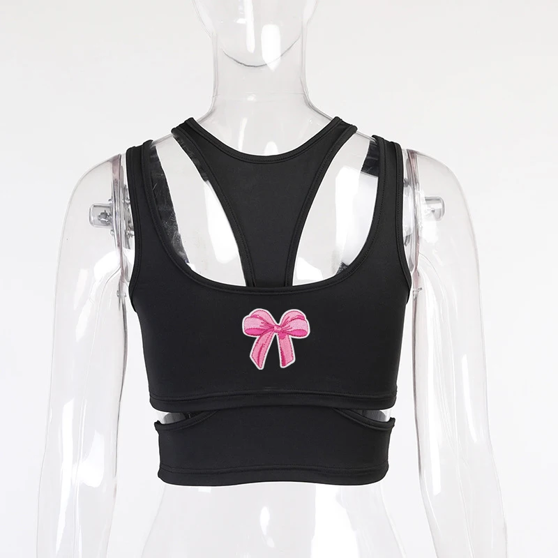 Summer Short-sleeved Backless Women Sleeveless Round Neck Crop Tops Embroidery Cute Butterfly Bow Tie Sexy Commute Tank Top New