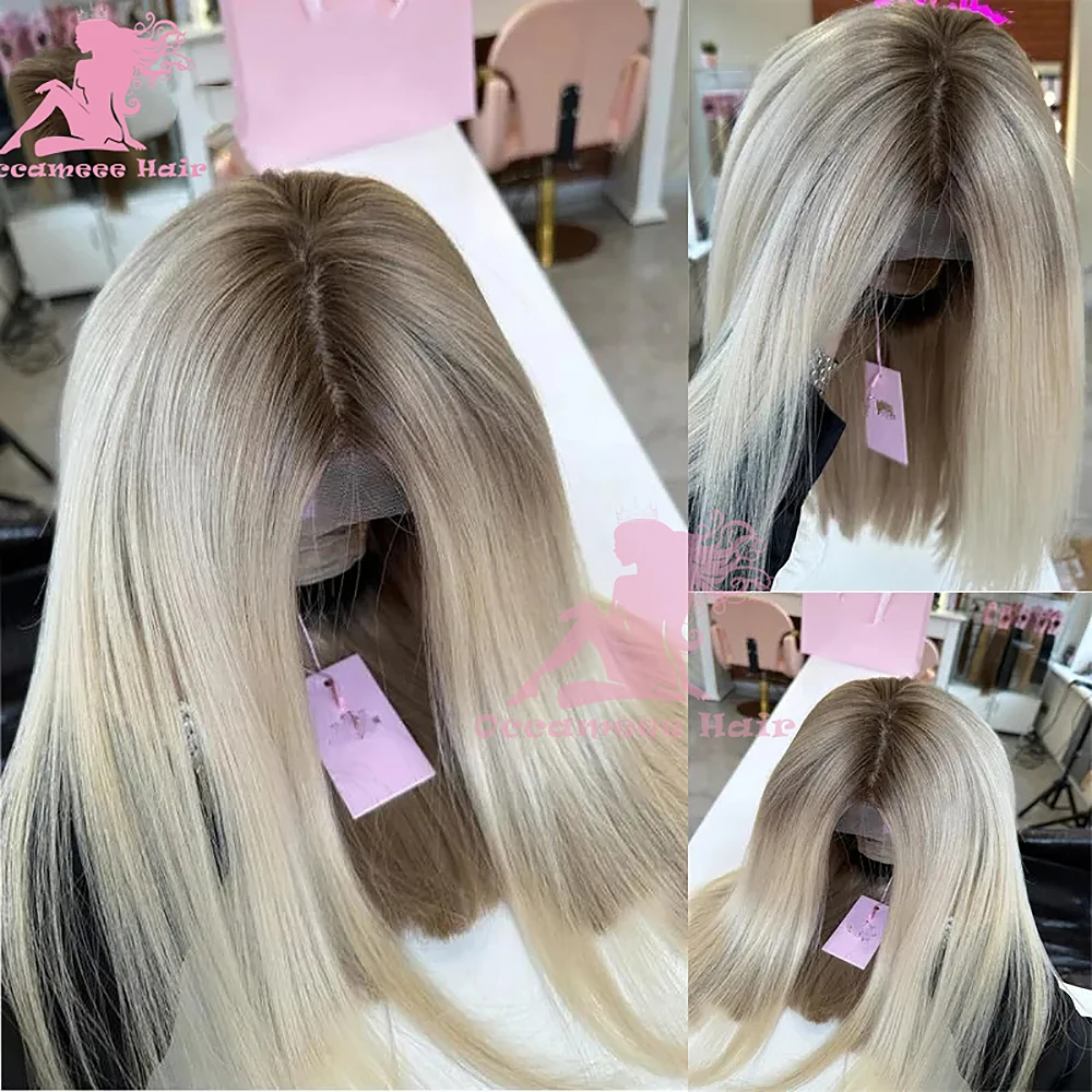 Perruque Lace Front Wig lisse brésilienne naturelle-Virg, cheveux humains, racines brunes, blond platine, 13x4, pre-plucked, 100%