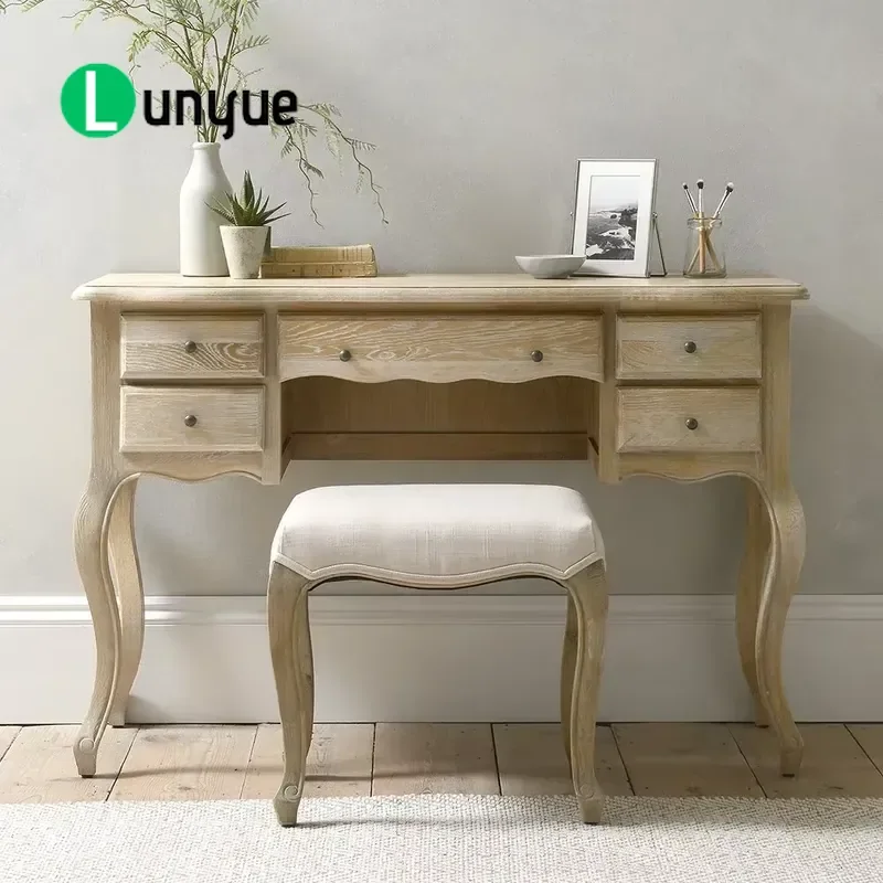 French Country Style Solid Wood Dresser with Curved Legs 5 Drawers Faux White Wash Finish Bedroom Storage Furniture Elegant