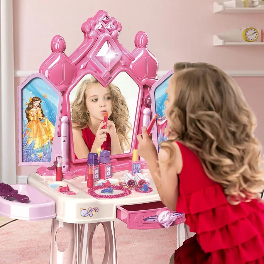 

Pretend Play Girls Vanity Set with Mirror and Stool Kids Makeup Vanity Table Set with Lights and Sounds Christmas gift halloween