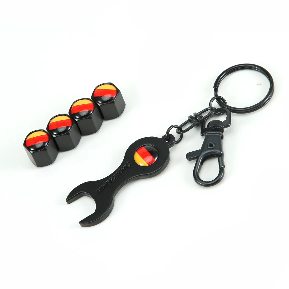 1Set Universal German National Flag Style Anti-theft Car Wheel Tire Valve Caps with Wrench Keychain Zinc Alloy Stem Dust Cover