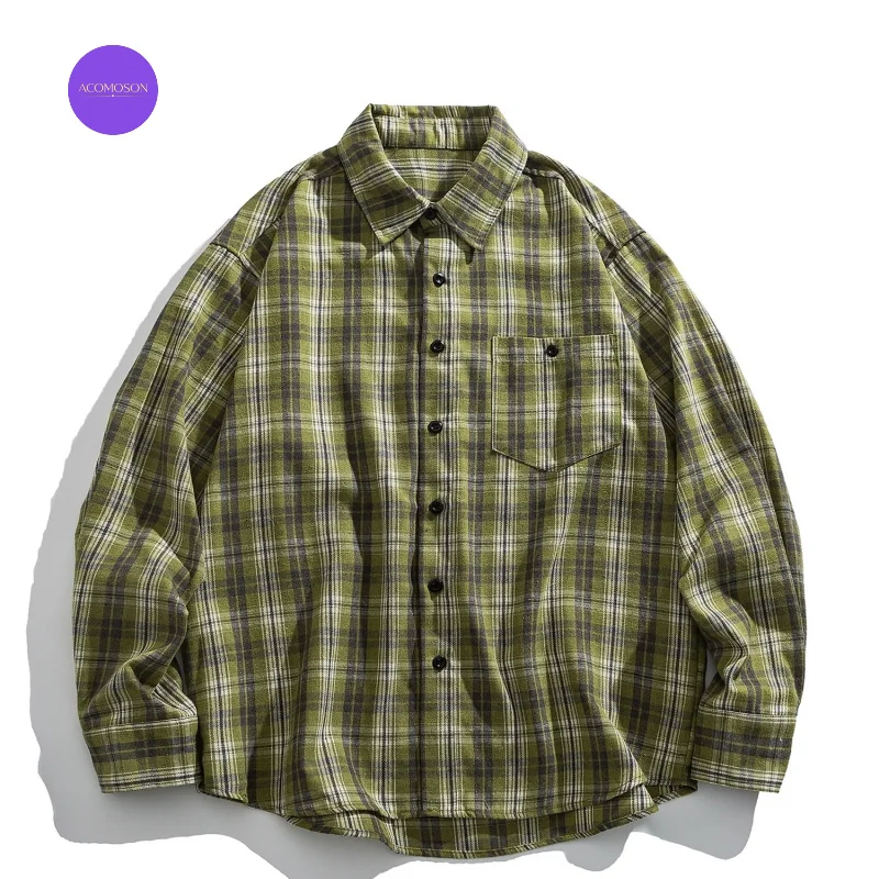 ACOMOSON Vintage Plaid Long-Sleeve Shirt For Men Women Street Holiday Travel Loose-Fitting Fall Winter Casualflannel Work Shirt