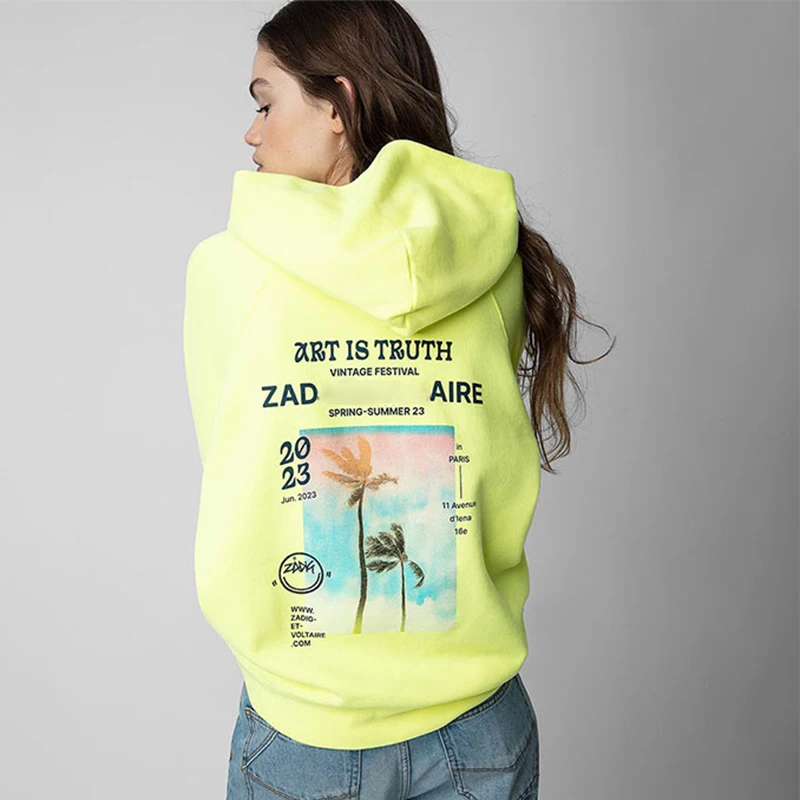 Zadig Casual Hoodies Fashion Fluorescent Green Hooded Sweatshirt Women Classic Coconut Tree Pullovers Female Small Winged Tops