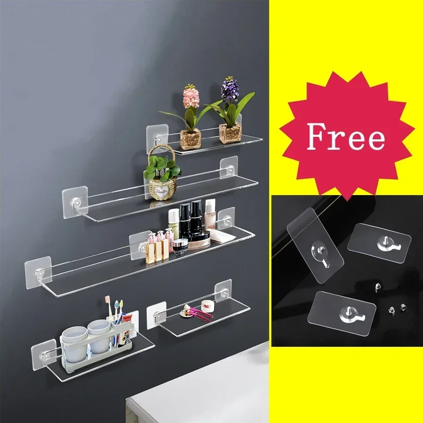 Transparent Acrylic Shelves Wall-mounted Partitions Without Holes Kitchen Bathroom Accessories Display Shelves Storage Rack