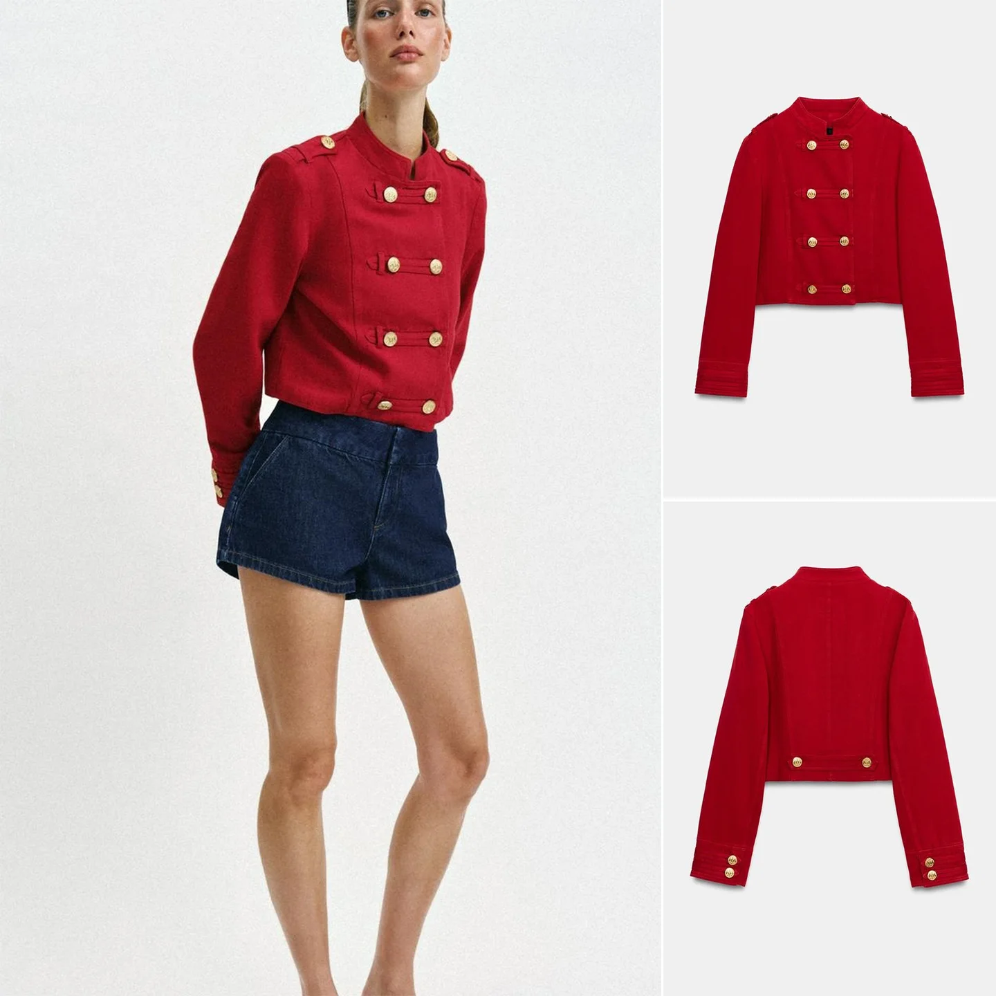 

Gold Plated Button Short Fit Jacket Women's Long Sleeve round Neck Summer New Arrival Casual Style Polyester Fiber Coat