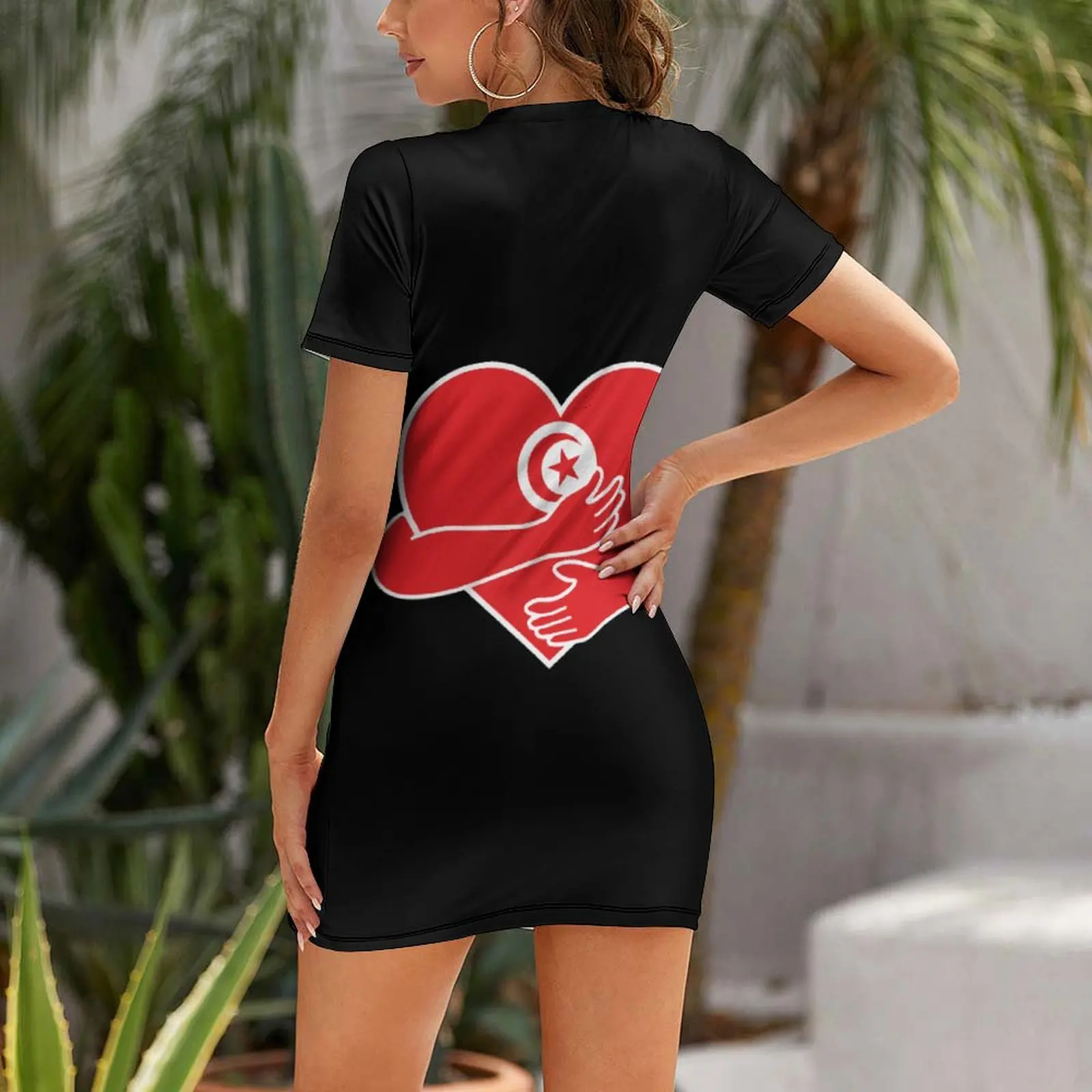 Love Hug Flag Tunisia Designs Love Hug Fla Short Sleeved Dress Funny Novelty Dresses Graphic Vintage Exotic  Woman's Dress  Part image 2