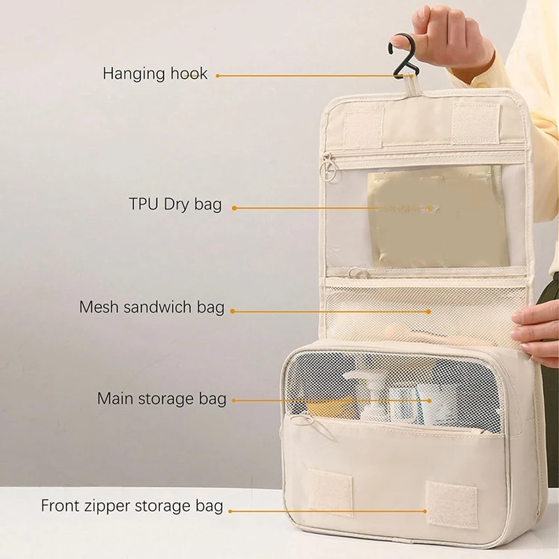 Trousse de toilette imperméable de grande capacité, trousse de toilette de voyage, trousse d'évaluation de maquillage, blanc crémeux durable
