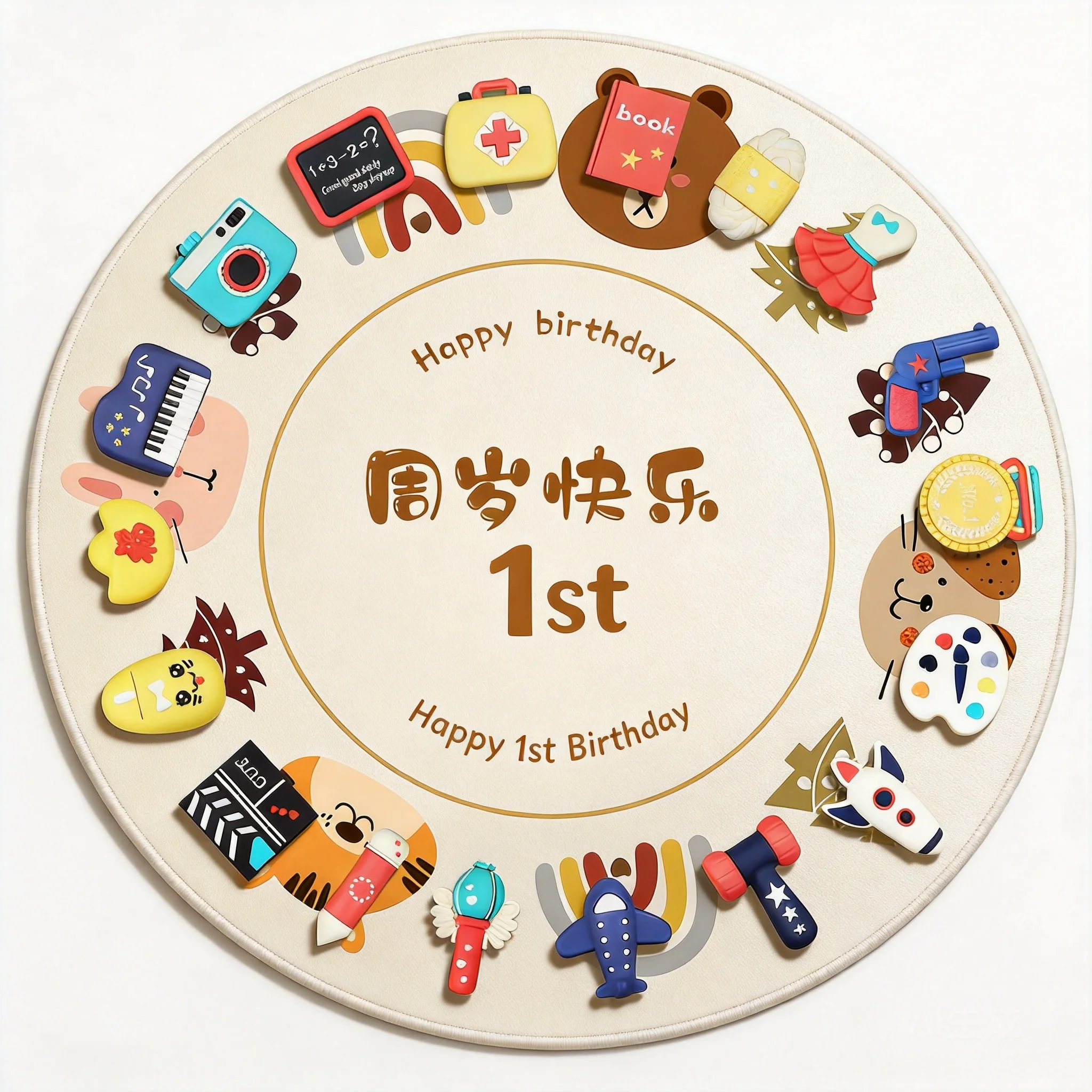 Chinese Traditional Baby First Birthday Zhuazhou Set 100cm Round Play Mat Cute Lucky Prop Gift For Boys Girls 1st Birthday Party