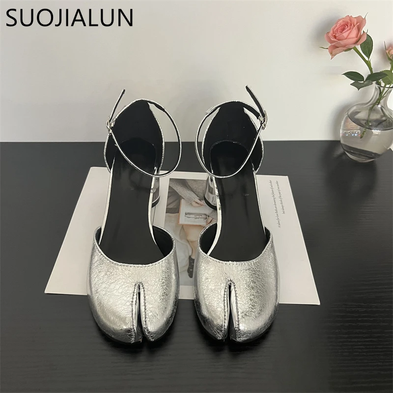 SUOJIALUN 2023 Summer New Women Women Sandal Fashion Split Toe Shallow Ladies Slingback Shoes Round Med Heel Dress Pumps Shoes